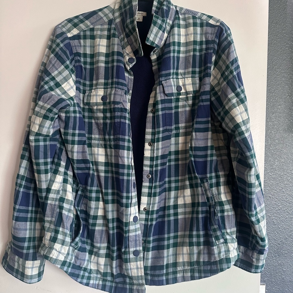 L.L. Bean‎ Navy, Green & White Plaid Fleece-Lined Shirt Jacket